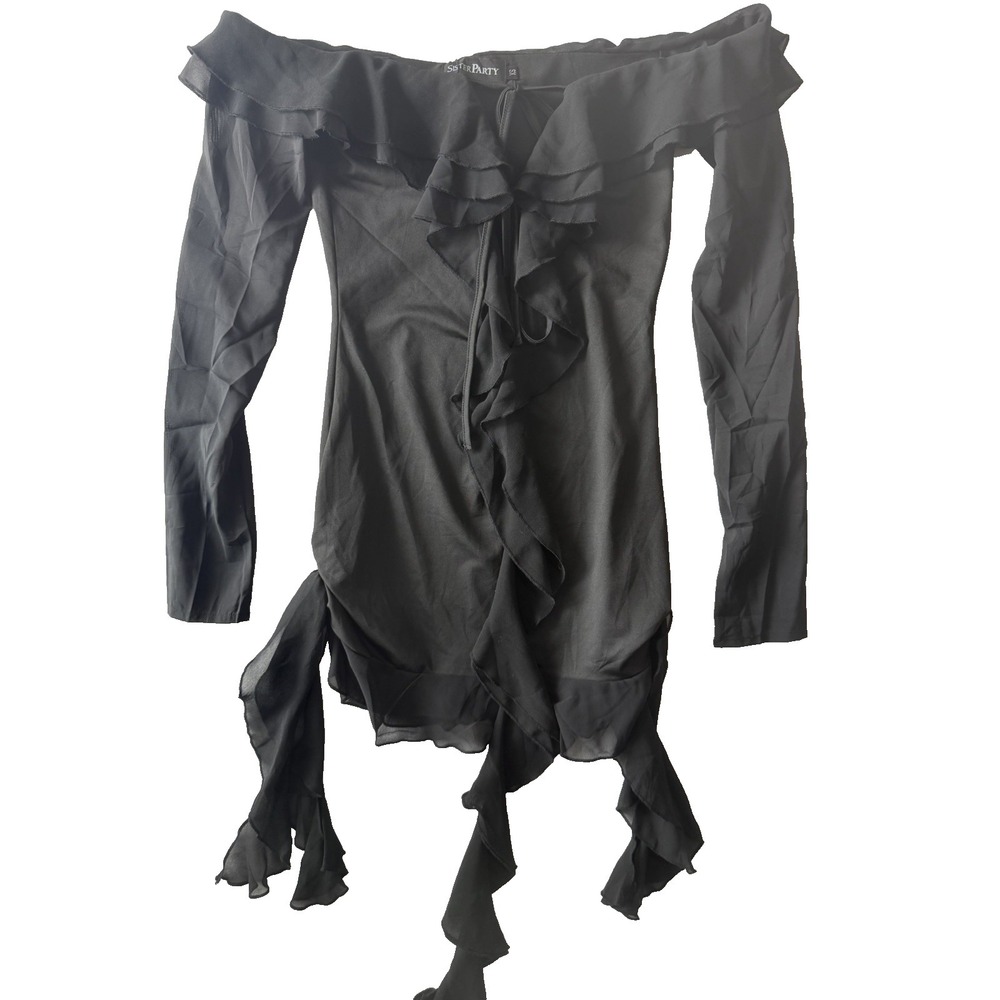 Sister Party Black Off Shoulder Ruffle Tie Front Mini Dress XS NWT